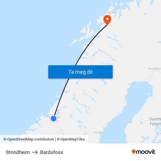 Strindheim to Bardufoss map