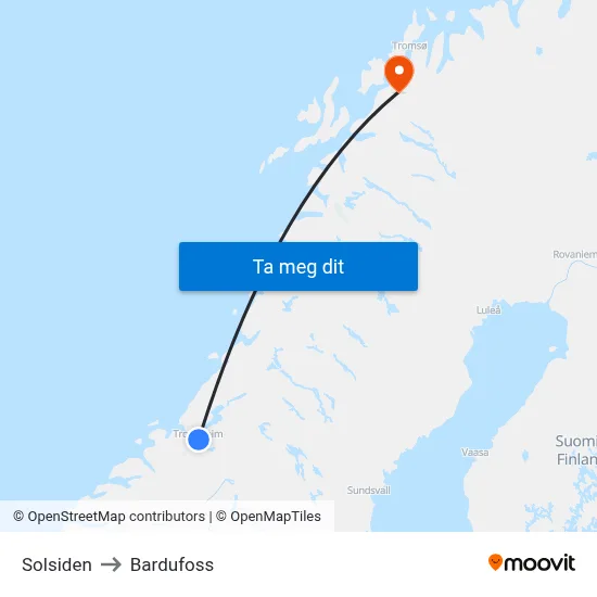 Solsiden to Bardufoss map