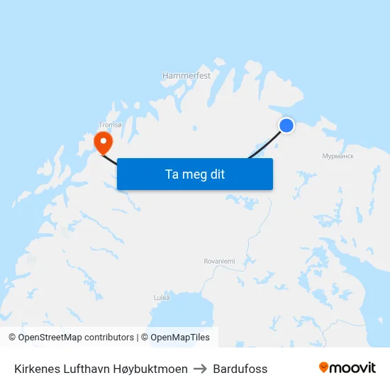 Kirkenes Lufthavn Høybuktmoen to Bardufoss map