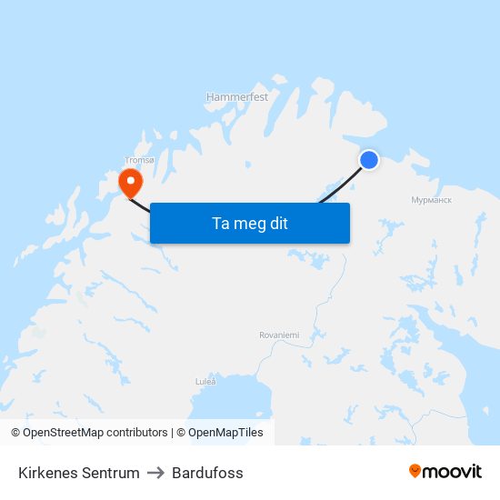 Kirkenes Sentrum to Bardufoss map