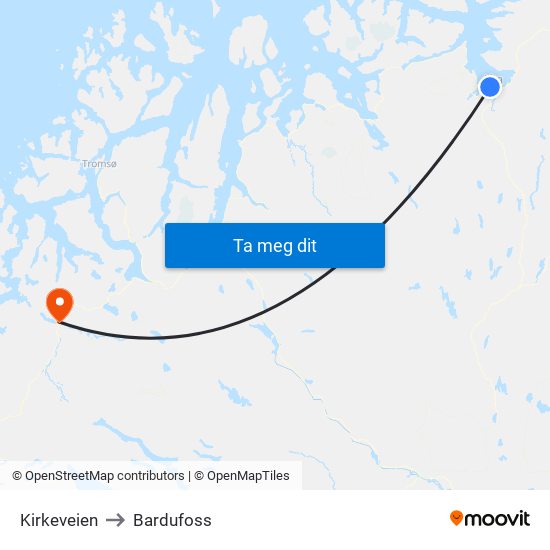 Kirkeveien to Bardufoss map