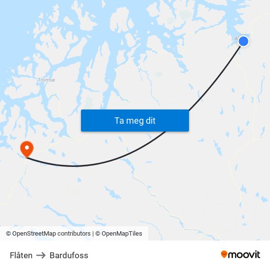 Flåten to Bardufoss map