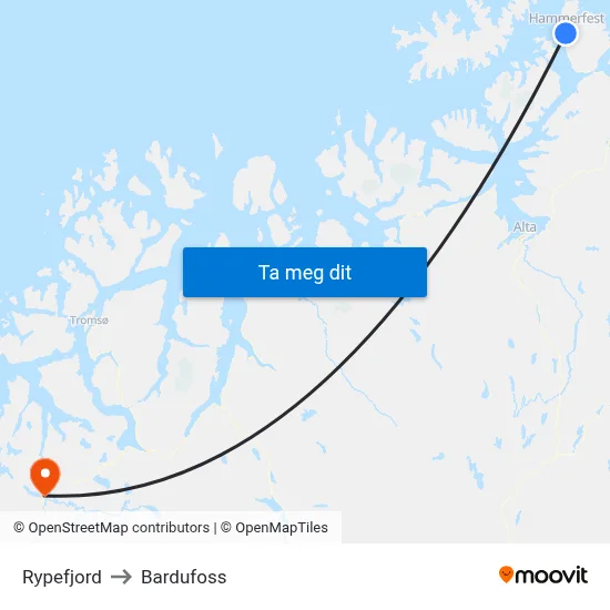 Rypefjord to Bardufoss map