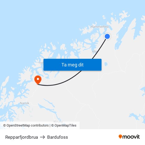 Repparfjordbrua to Bardufoss map
