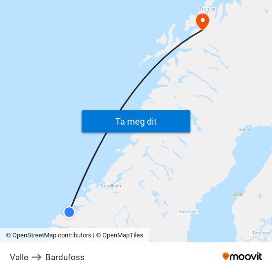 Valle to Bardufoss map