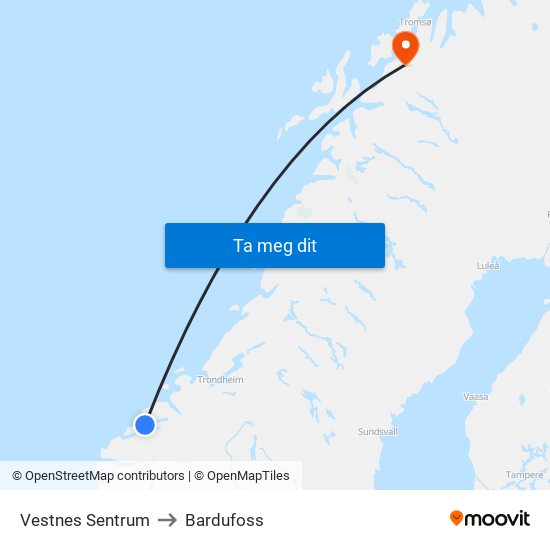 Vestnes Sentrum to Bardufoss map