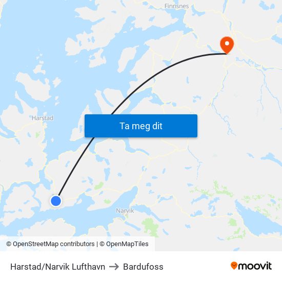 Harstad/Narvik Lufthavn to Bardufoss map