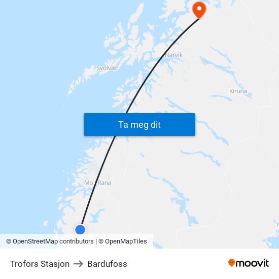 Trofors Stasjon to Bardufoss map
