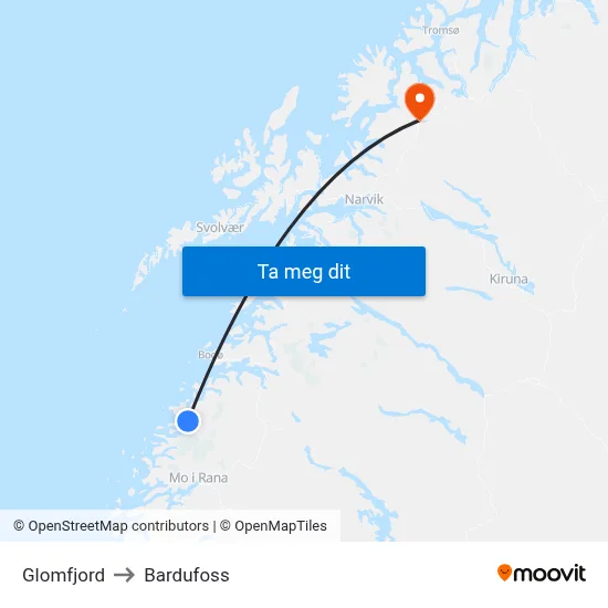 Glomfjord to Bardufoss map