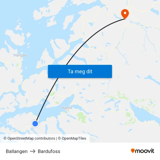 Ballangen to Bardufoss map