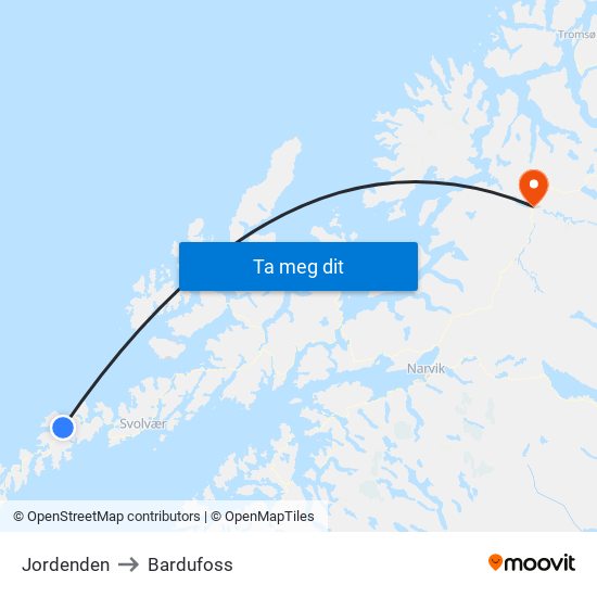 Jordenden to Bardufoss map