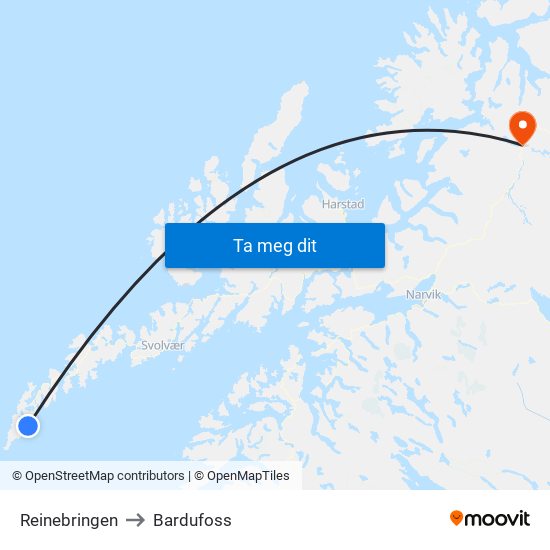 Reinebringen to Bardufoss map