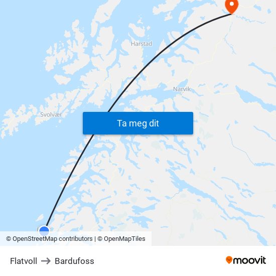 Flatvoll to Bardufoss map