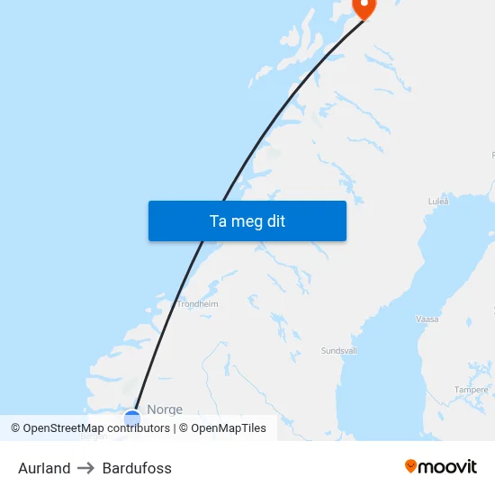 Aurland to Bardufoss map