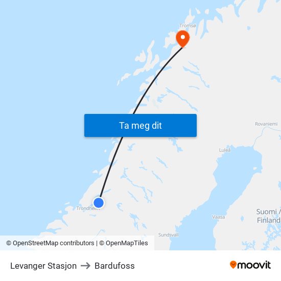 Levanger Stasjon to Bardufoss map