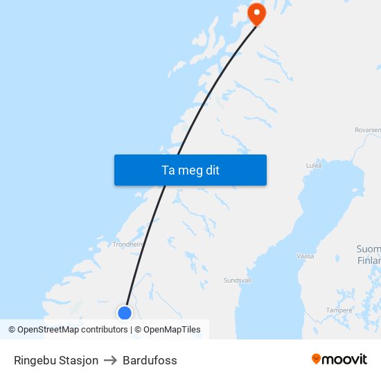 Ringebu Stasjon to Bardufoss map