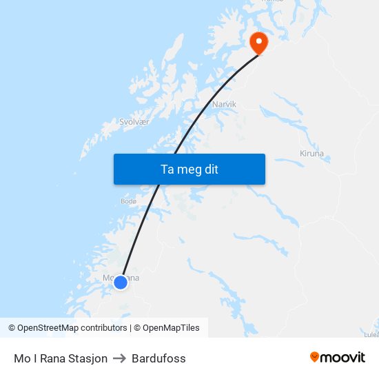 Mo I Rana Stasjon to Bardufoss map