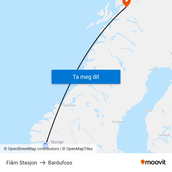 Flåm Stasjon to Bardufoss map