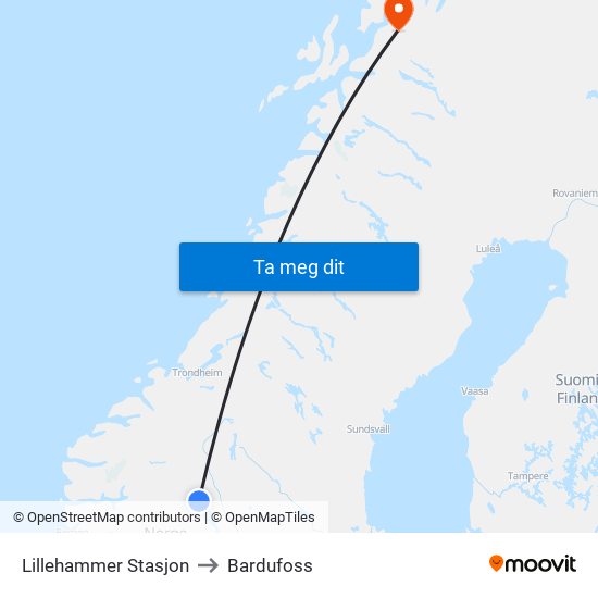 Lillehammer Stasjon to Bardufoss map