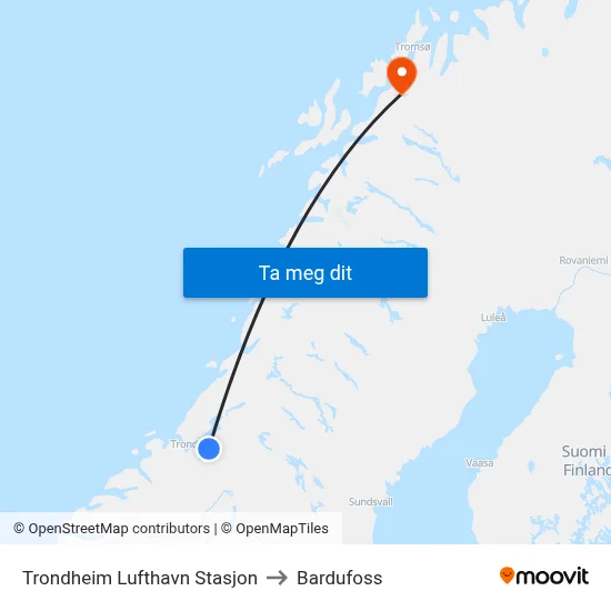 Trondheim Lufthavn Stasjon to Bardufoss map