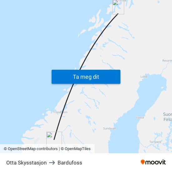 Otta Skysstasjon to Bardufoss map