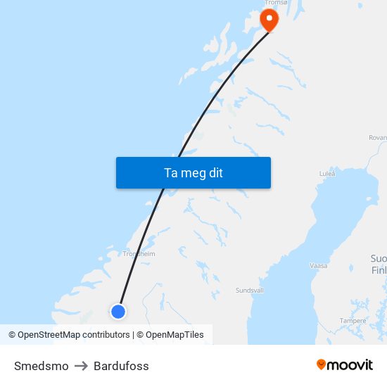 Smedsmo to Bardufoss map
