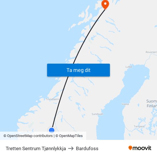 Tretten Sentrum Tjønnlykkja to Bardufoss map