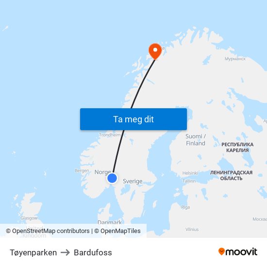 Tøyenparken to Bardufoss map