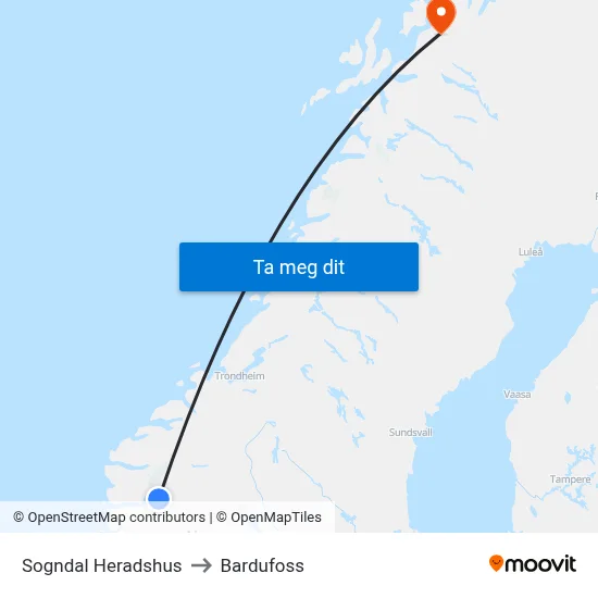 Sogndal Heradshus to Bardufoss map