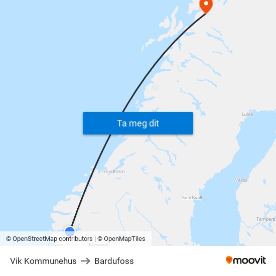 Vik Kommunehus to Bardufoss map