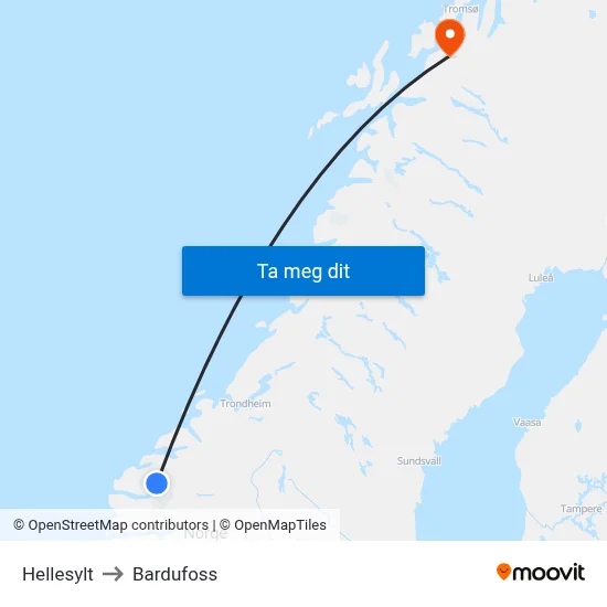 Hellesylt to Bardufoss map