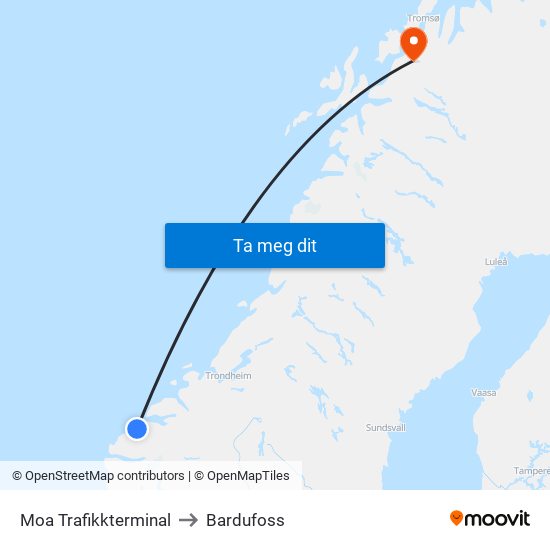 Moa Trafikkterminal to Bardufoss map