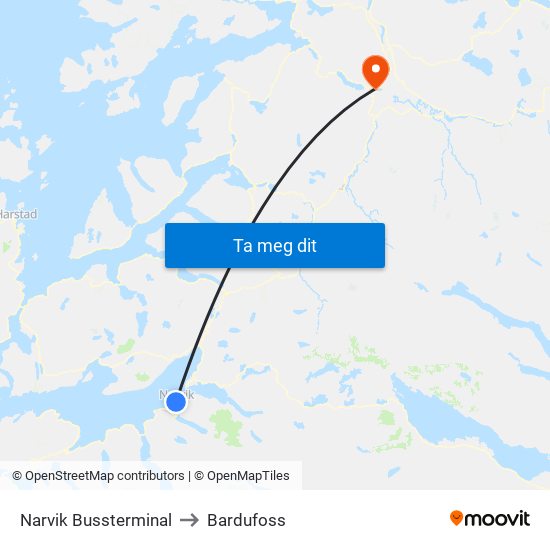 Narvik Bussterminal to Bardufoss map