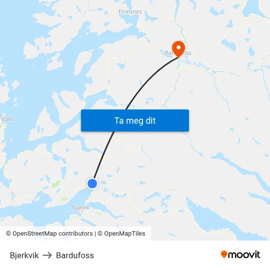 Bjerkvik to Bardufoss map