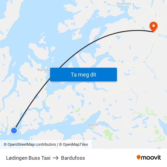 Lødingen Buss Taxi to Bardufoss map