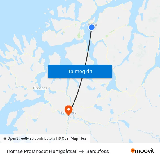 Tromsø Prostneset Hurtigbåtkai to Bardufoss map