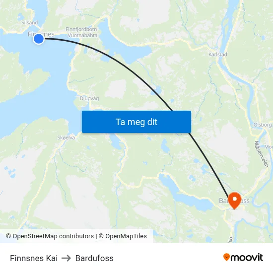 Finnsnes Kai to Bardufoss map