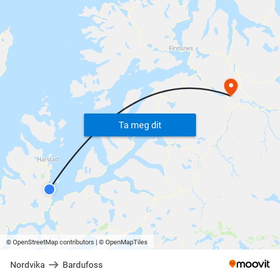 Nordvika to Bardufoss map