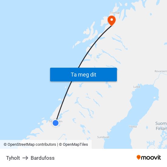 Tyholt to Bardufoss map