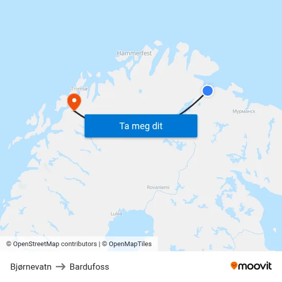 Bjørnevatn to Bardufoss map