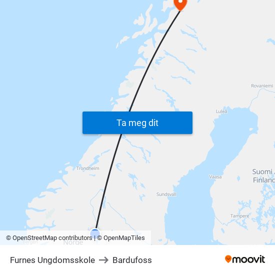 Furnes Ungdomsskole to Bardufoss map