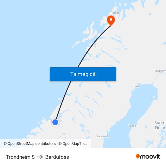 Trondheim S to Bardufoss map