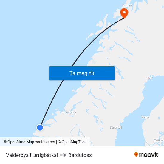 Valderøya Hurtigbåtkai to Bardufoss map