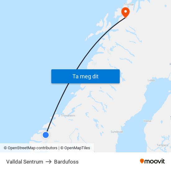 Valldal Sentrum to Bardufoss map