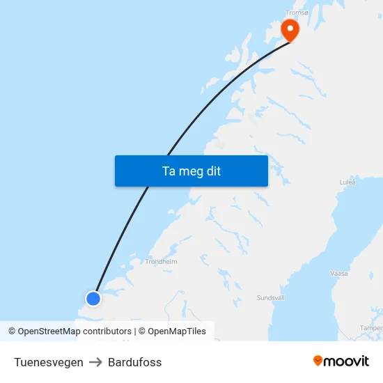 Tuenesvegen to Bardufoss map