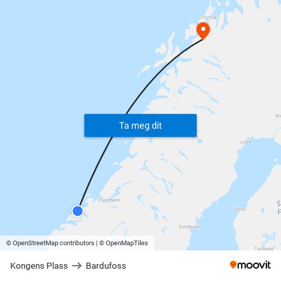 Kongens Plass to Bardufoss map