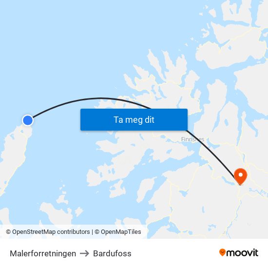 Malerforretningen to Bardufoss map