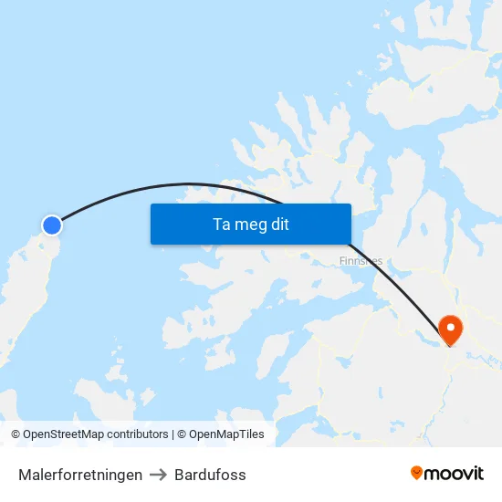 Nordlysparken to Bardufoss map
