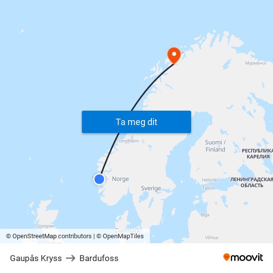 Gaupås Kryss to Bardufoss map