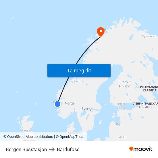 Bergen Busstasjon to Bardufoss map